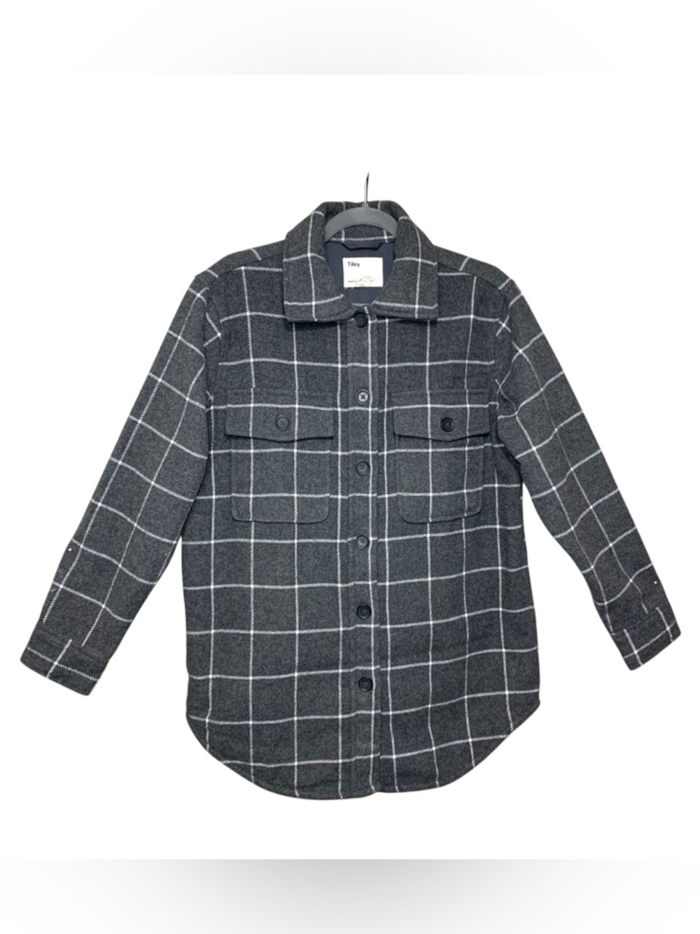 Tilley Gray Flannel Button-Up Shirt Jacket Oversized Sz S Transitional Shacket